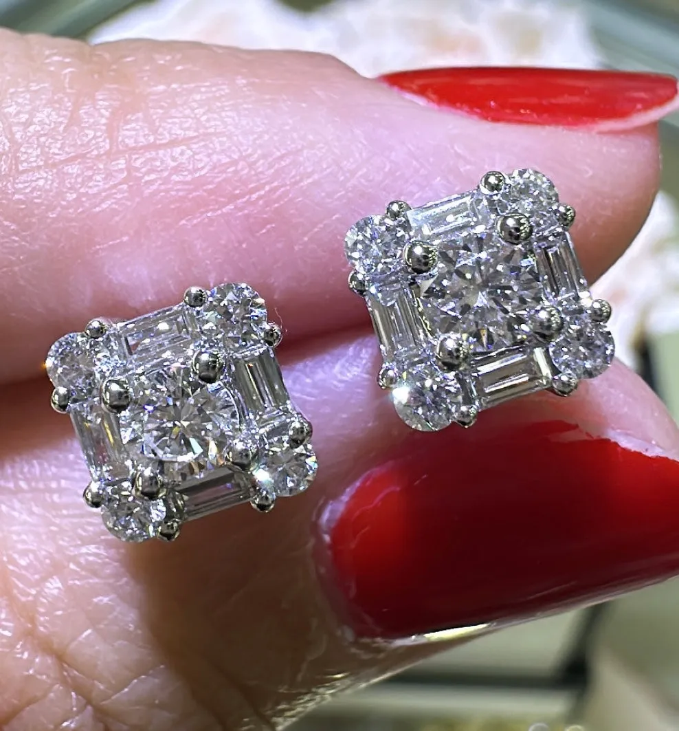 0.87ct tw Diamond Baguette and Round Stud Earrings