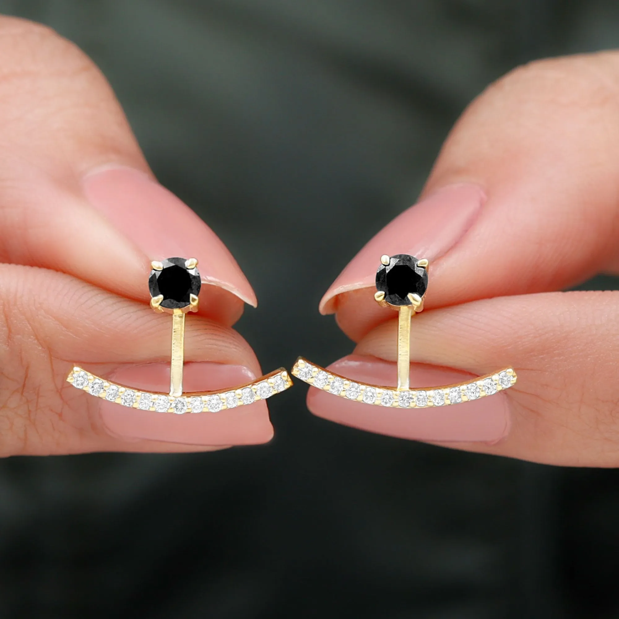 1 CT Classic Black Spinel Jacket Earrings with Diamond Stones