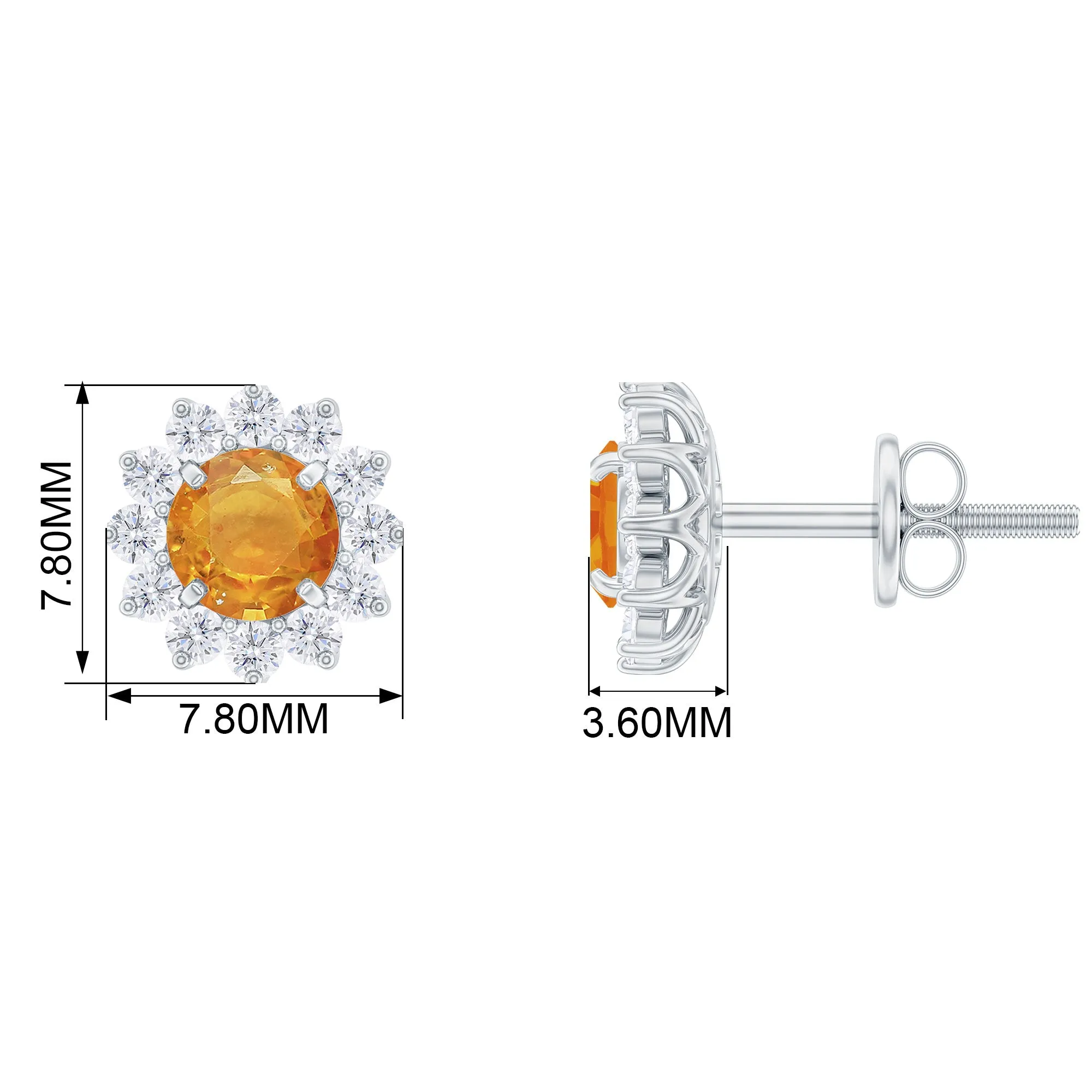 1 CT Orange Sapphire Classic Stud Earrings with Diamond Halo