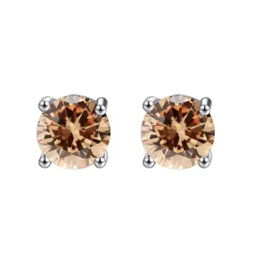 10k White Gold Plated 1 Carat Round Created Champagne Sapphire Stud Earrings