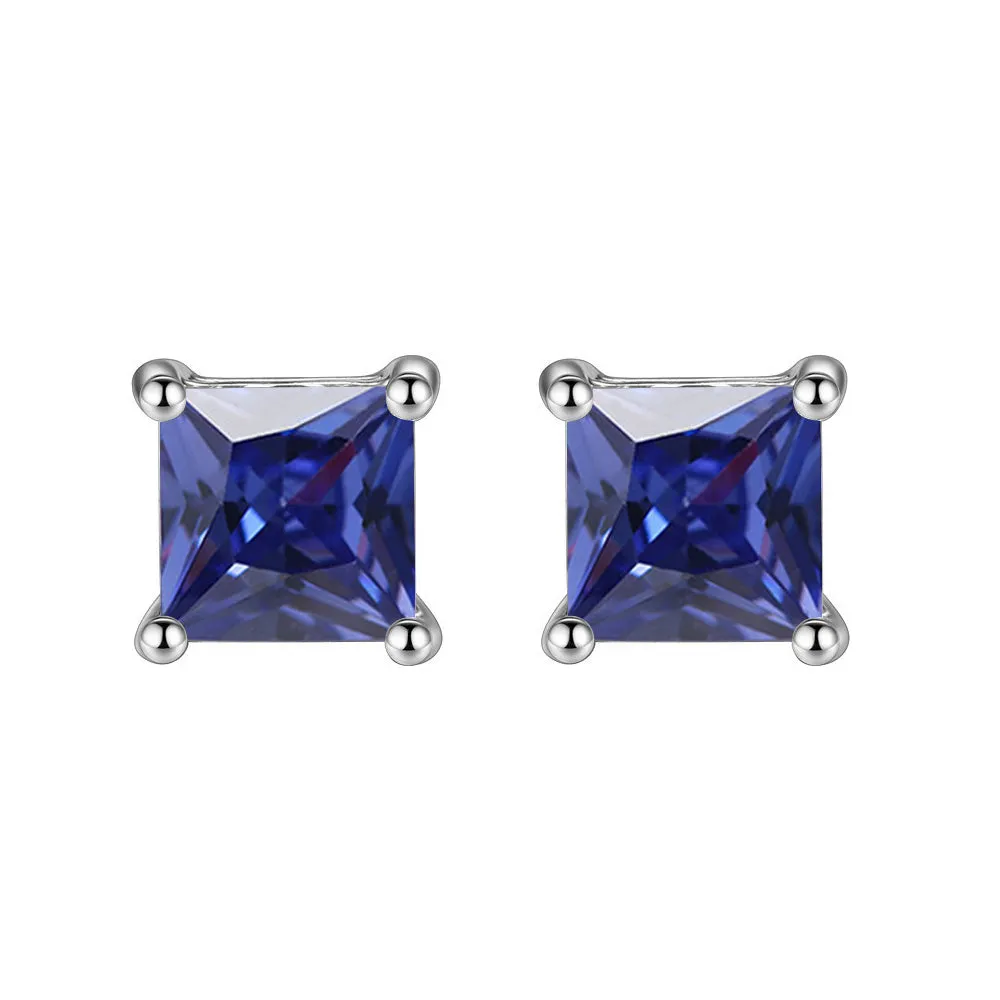 10k White Gold Plated 1 Ct Square Cut Created Blue Sapphire Stud Earrings