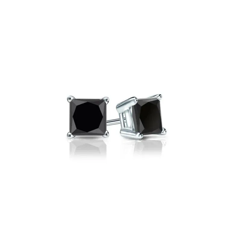 10k White Gold Plated 1/2 Carat Square Created Black Sapphire Stud Earrings