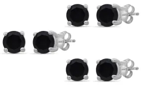 10k White Gold Plated Created Black Sapphire 1Ct Round Set of Three Stud Earrings