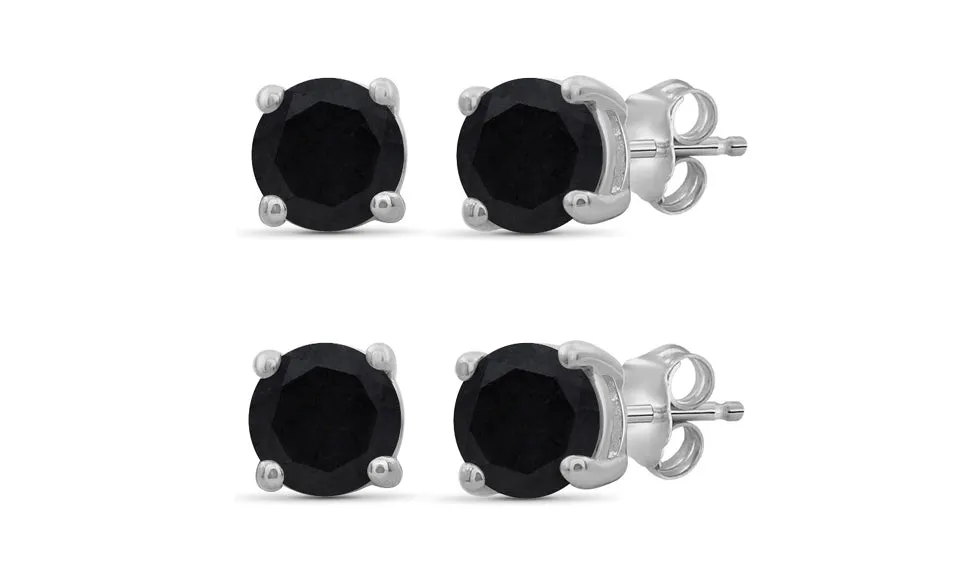 10k White Gold Plated Created Black Sapphire 2Ct Round Set of Two Stud Earrings