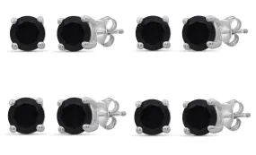 10k White Gold Plated Created Black Sapphire 3Ct Round Set of Four Stud Earrings