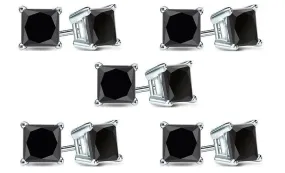 10k White Gold Plated Created Black Sapphire 4Ct Princess Cut Pack of Five Stud Earrings