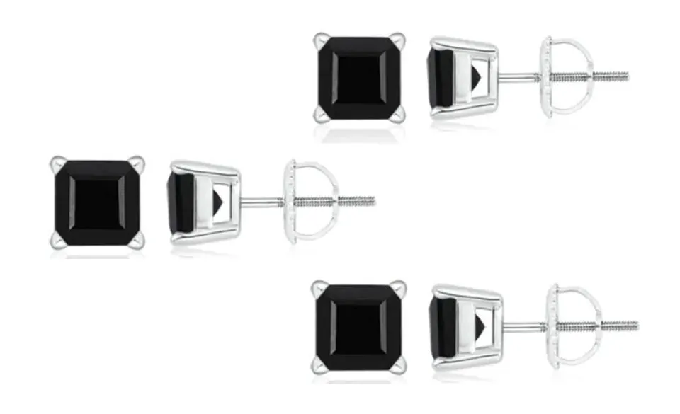 10k White Gold Plated Created Black Sapphire 4Ct Square Cut Pack of Three Stud Earrings