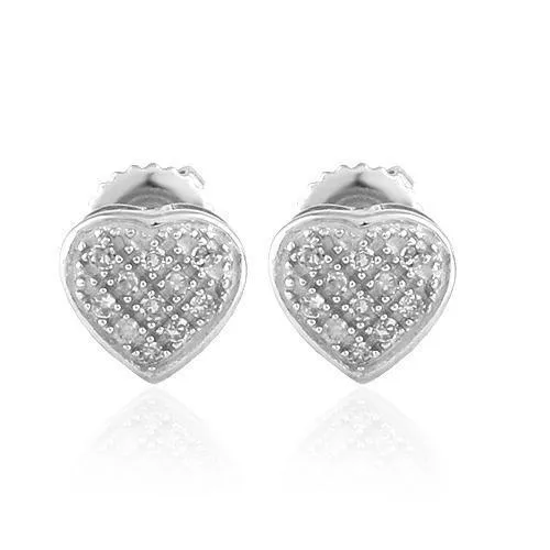 10K White Solid Gold Womens Small Heart Earrings With White Diamonds 0.10 Ctw