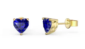 10k Yellow Gold Plated 3 Carat Heart Created Blue Sapphire Stud Earrings