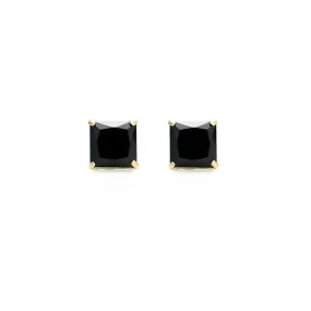 10k Yellow Gold Plated Created Black Sapphire 2 Carat Princess Cut Stud Earrings