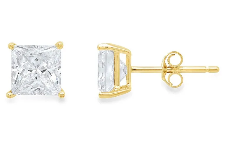 10k Yellow Gold Plated Created White Sapphire 1 Carat Princess Cut Stud Earrings