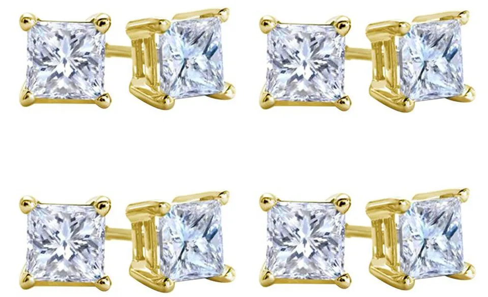 10k Yellow Gold Plated Created White Sapphire 1 Carat Square Cut Pack of Four Stud Earrings