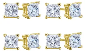 10k Yellow Gold Plated Created White Sapphire 1 Carat Square Cut Pack of Four Stud Earrings