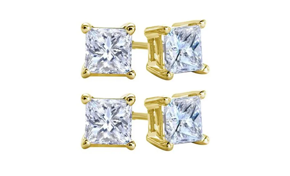 10k Yellow Gold Plated Created White Sapphire 1 Carat Square Cut Pack of Two Stud Earrings