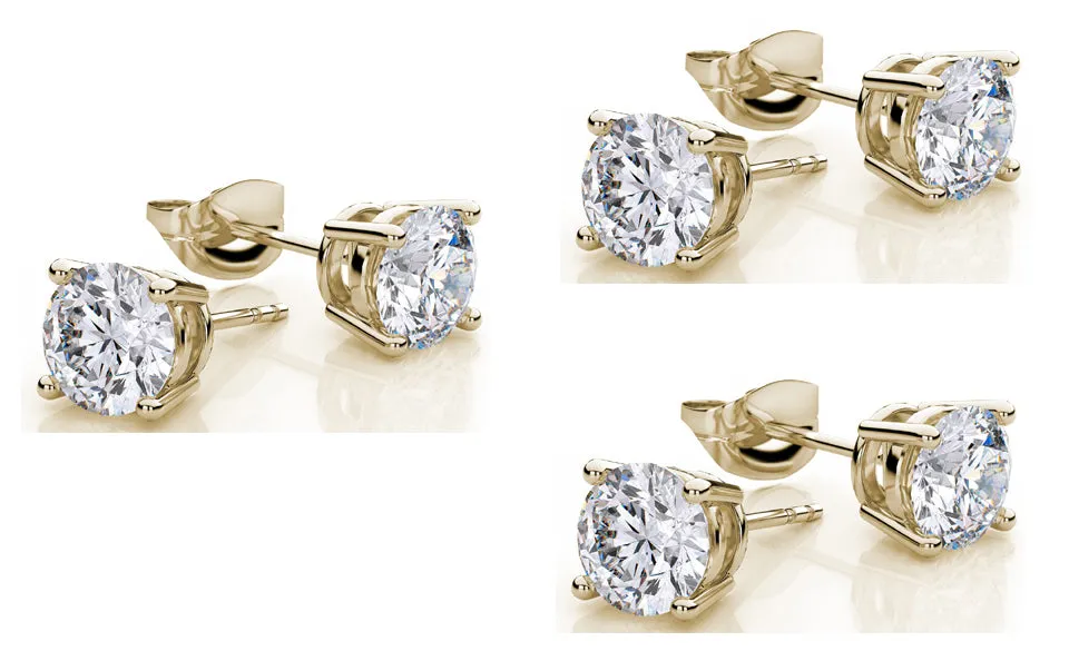 10k Yellow Gold Plated Created White Sapphire 2 Carat Round Pack of Three Stud Earrings