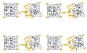 10k Yellow Gold Plated Created White Sapphire 3 Carat Princess Cut Pack of Four Stud Earrings