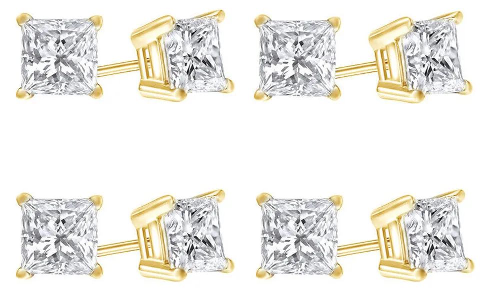 10k Yellow Gold Plated Created White Sapphire 4 Carat Princess Cut Pack of Four Stud Earrings