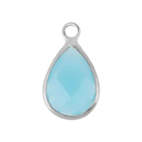 10x14mm Oval Aqua Faceted Glass Charm with Silver Plating