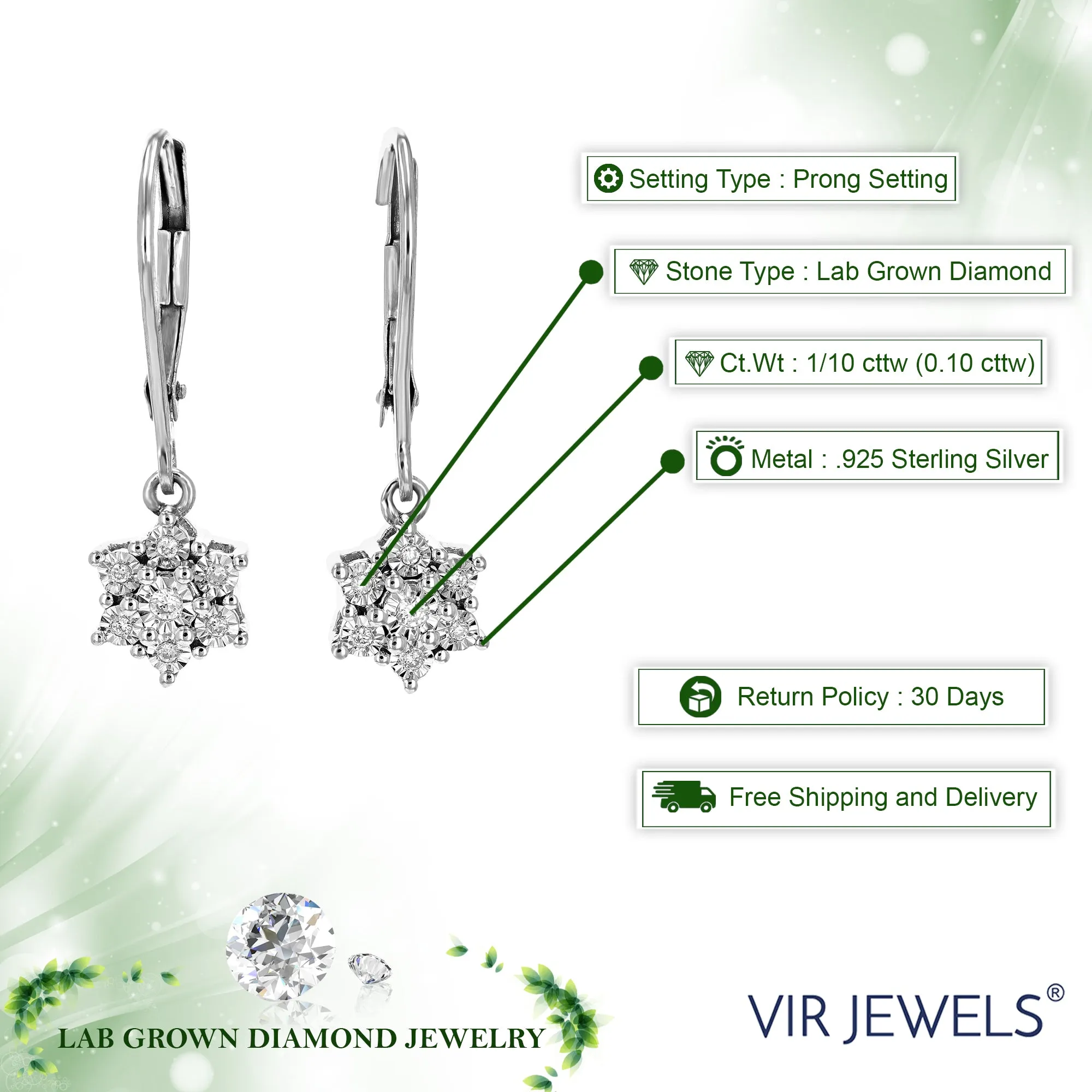 1/10 cttw 14 Stones Round Lab Grown Diamond Dangle Earrings .925 Sterling Silver Prong Set, 1 Inch