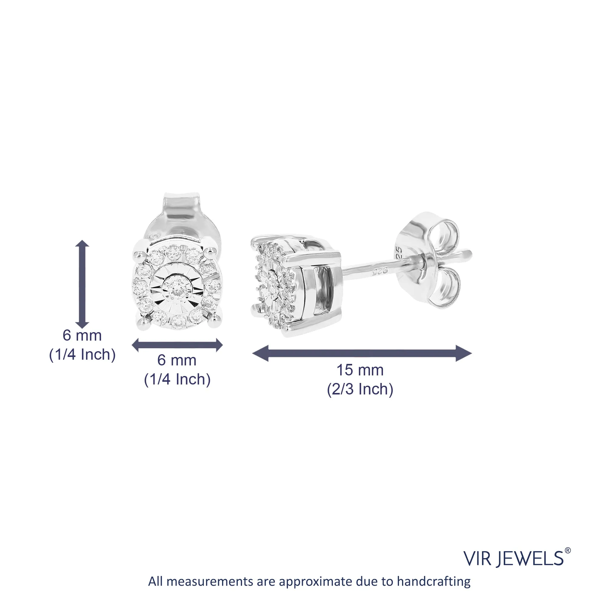 1/10 cttw 26 Stones Round Lab Grown Diamond Studs Earrings .925 Sterling Silver Prong Set 1/4 Inch