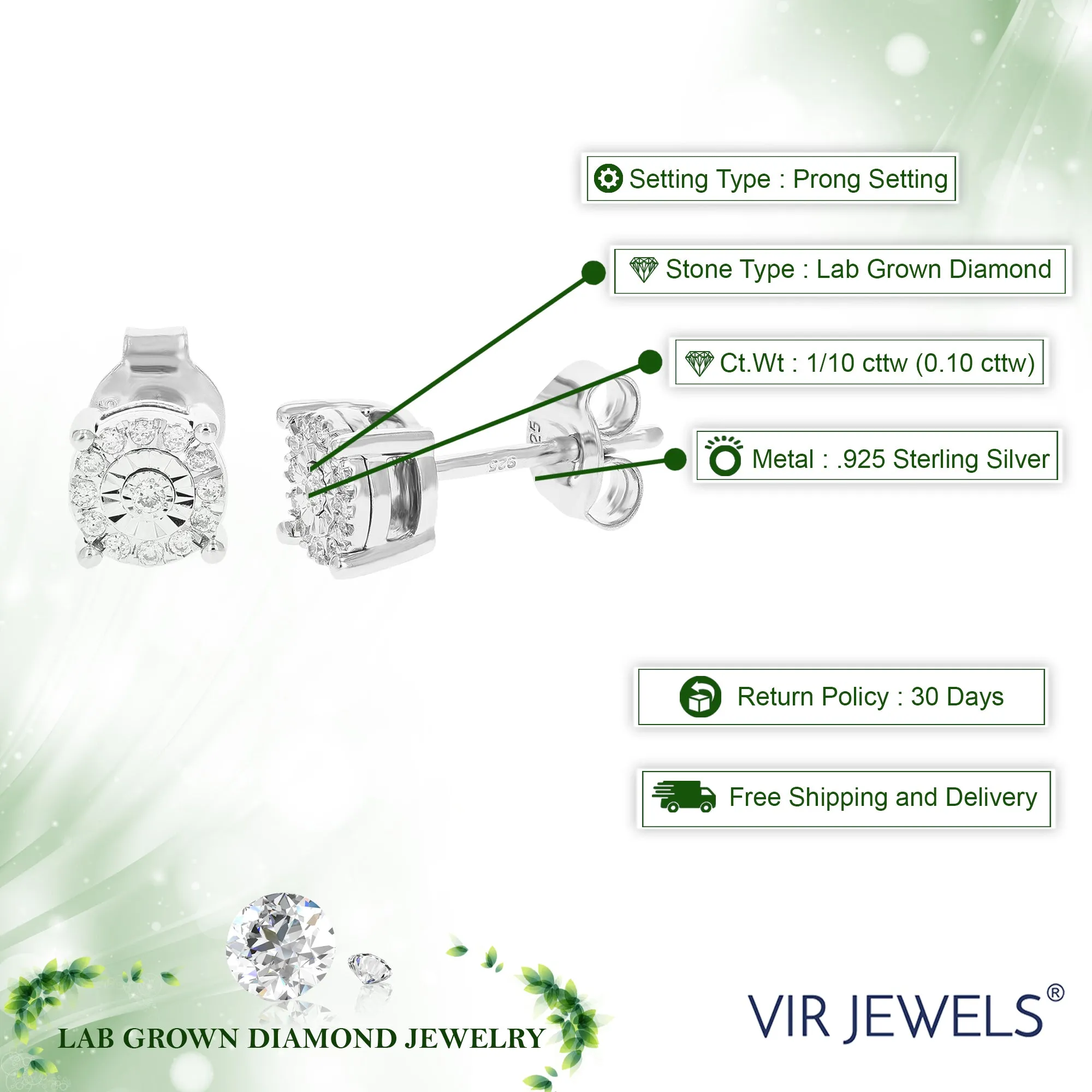 1/10 cttw 26 Stones Round Lab Grown Diamond Studs Earrings .925 Sterling Silver Prong Set 1/4 Inch