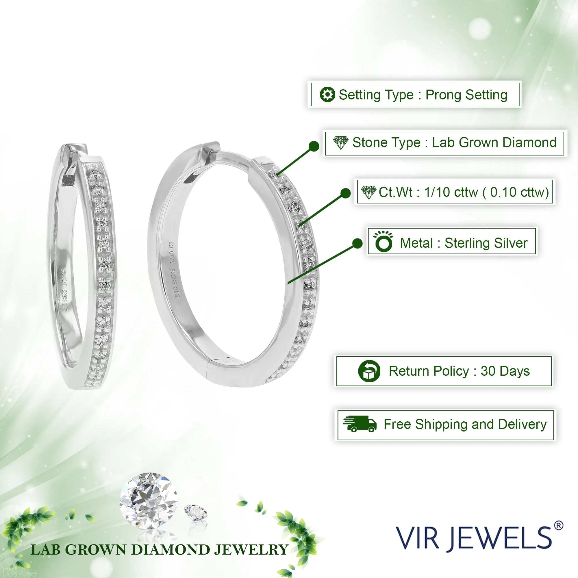 1/10 cttw Round Cut Lab Grown Diamond Prong Set Hoop Earrings in .925 Sterling Silver 3/4 Inch