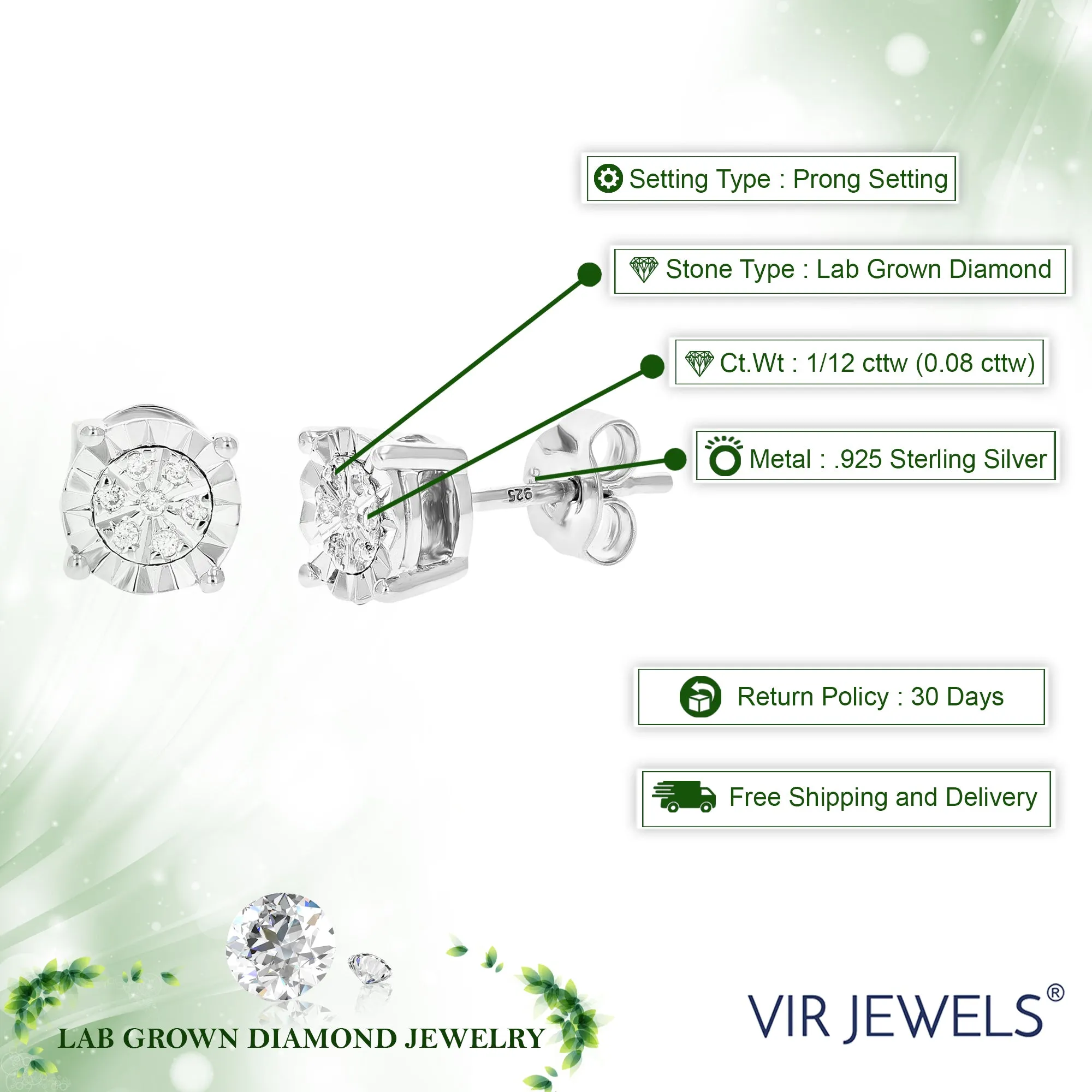 1/12 cttw 14 Stones Round Lab Grown Diamond Studs Earrings .925 Sterling Silver Prong Set Round Shape