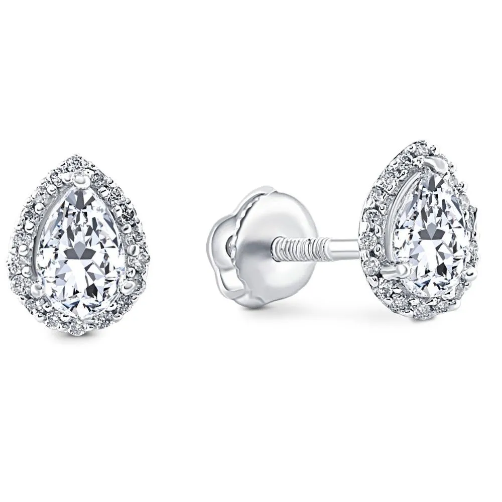 1/2Ct Pear Shape Halo Screw Back Diamond Studs White or Yellow Gold Earrings