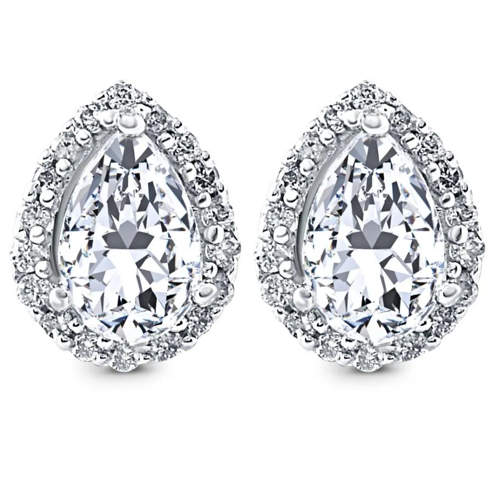 1/2Ct Pear Shape Halo Screw Back Diamond Studs White or Yellow Gold Earrings