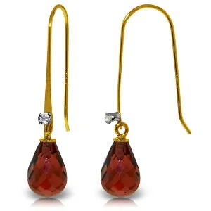 1.38 Carat 14K Solid Yellow Gold Fish Hook Earrings Diamond Garnet