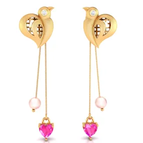 14k Bird And Pink Hearts And Pearls Gold Earrings