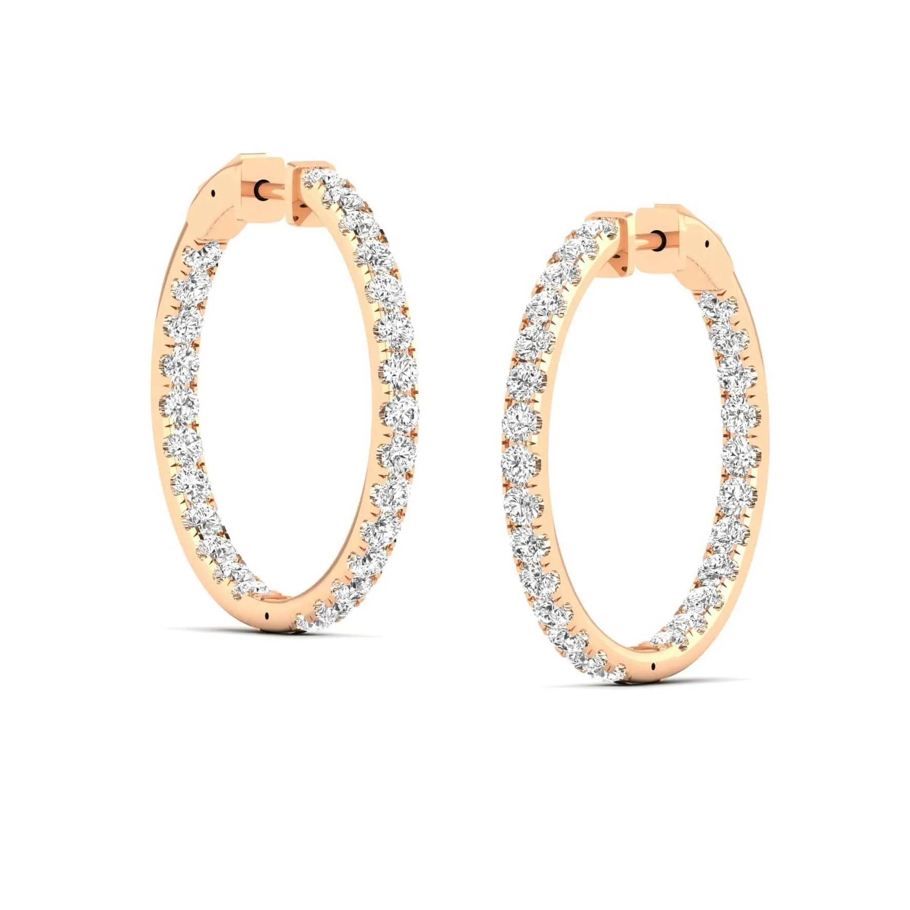 14K Gold Diamond Inside-Outside Hoop Earrings in three sizes, Lab Grown