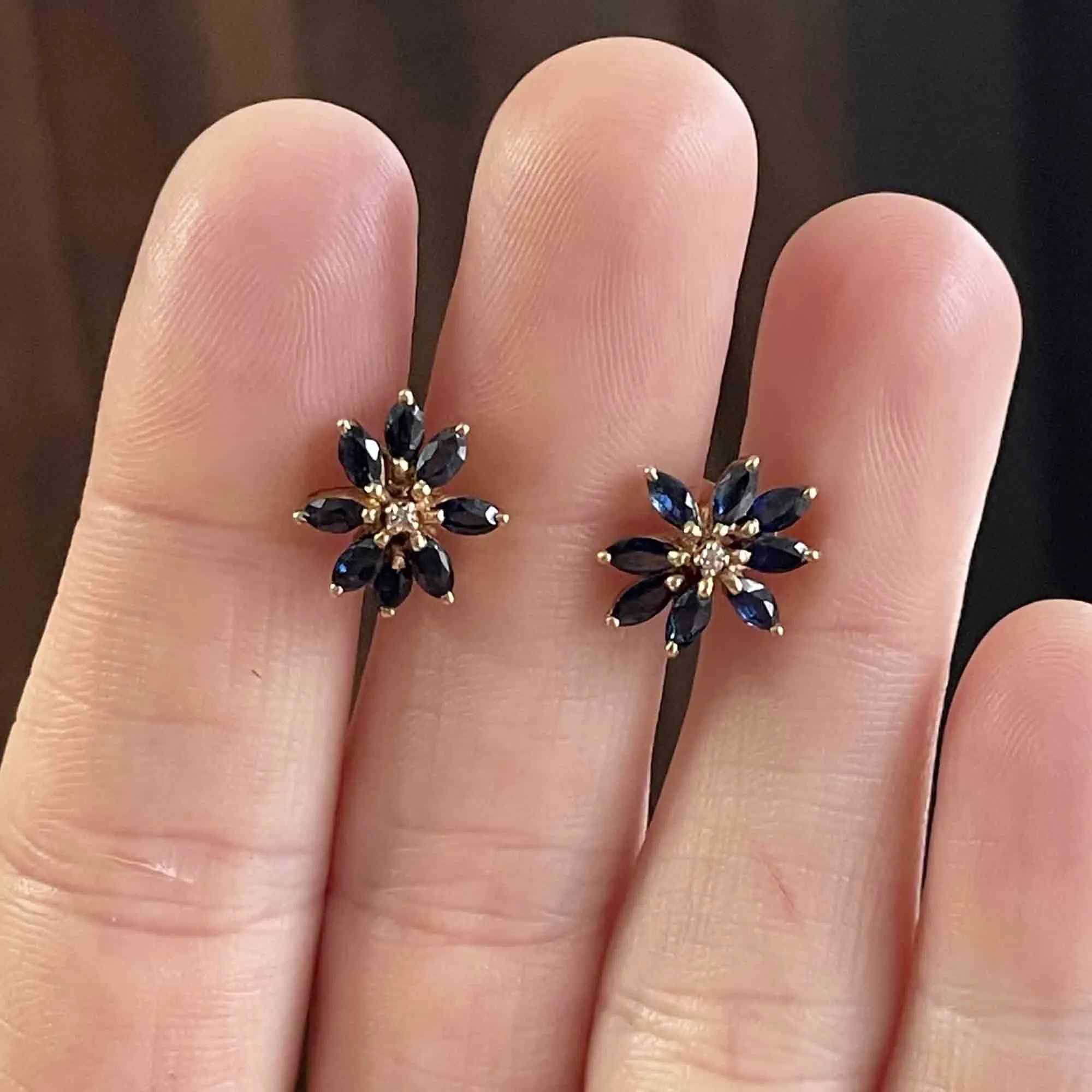 14K Gold Diamond Sapphire Floral Starburst Stud Earrings