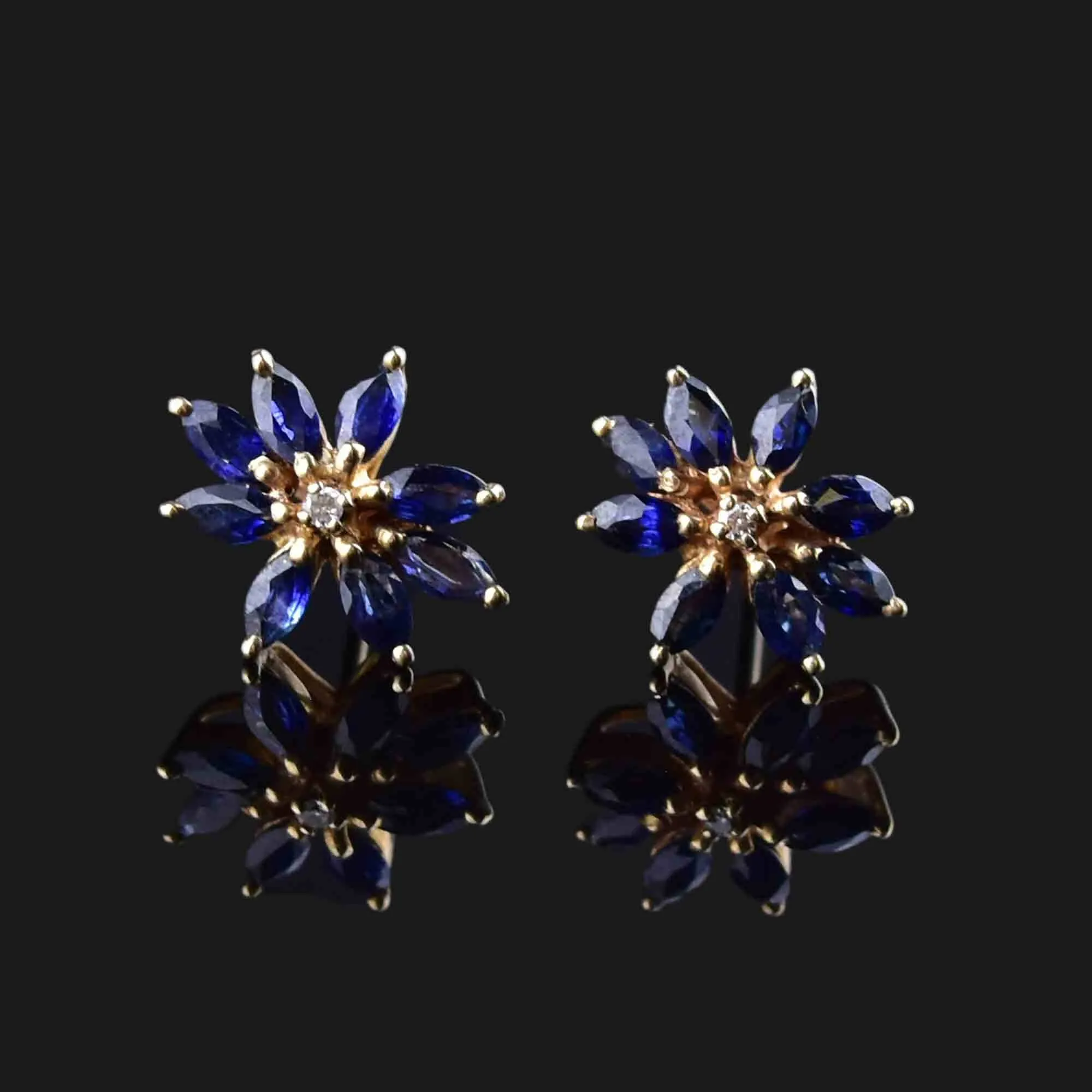 14K Gold Diamond Sapphire Floral Starburst Stud Earrings