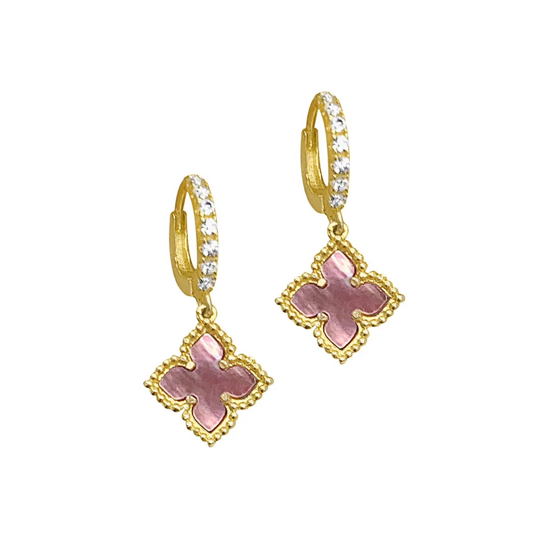 14k Gold Plated Floral Pink Mother of Pearl Drop Earrings