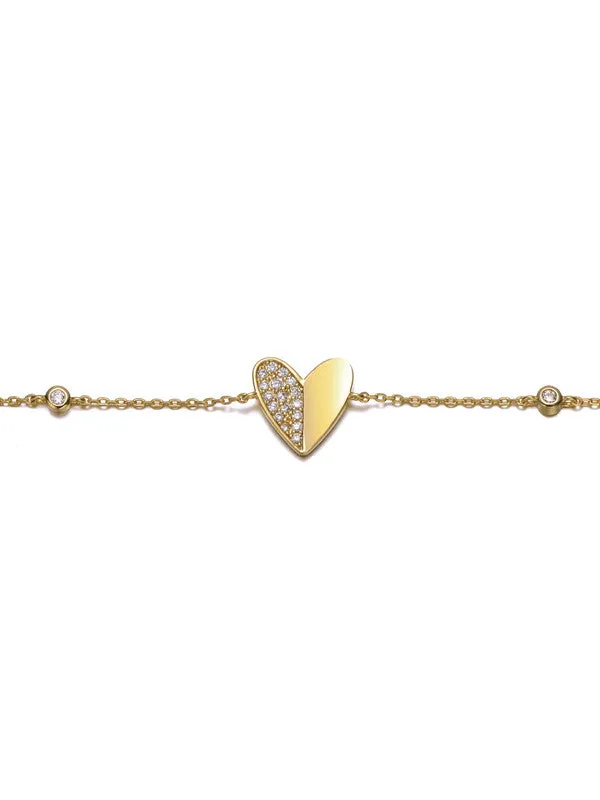 14k Gold Plated with Clear Cubic Zirconia Heart Station Charm Bracelet