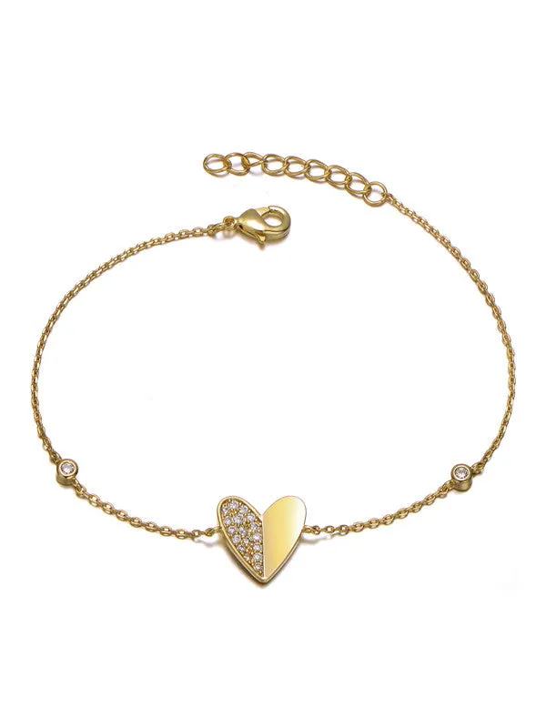 14k Gold Plated with Clear Cubic Zirconia Heart Station Charm Bracelet