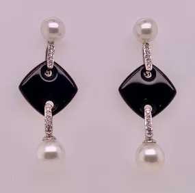 14K Pearl Onyx Diamond Earrings