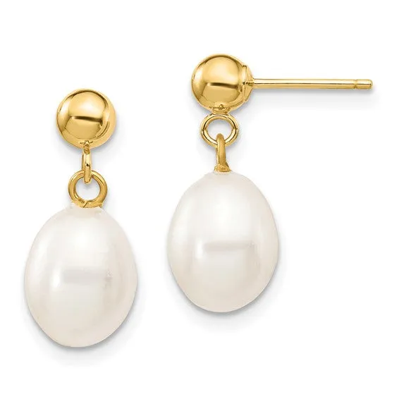 14K Rice Freshwater Cultured White Pearl Dangle Post Earrings