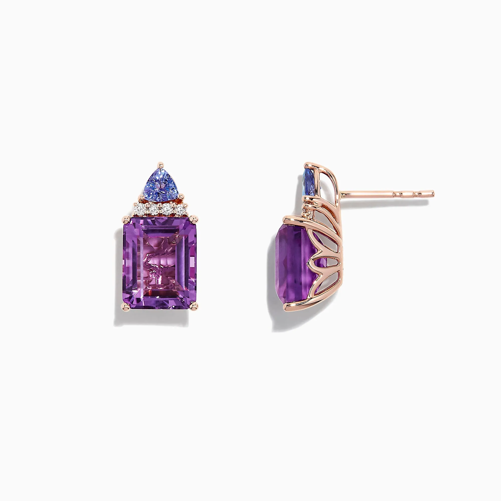 14K Rose Gold Amethyst, Tanzanite and Diamond Earrings, 8.62 TCW