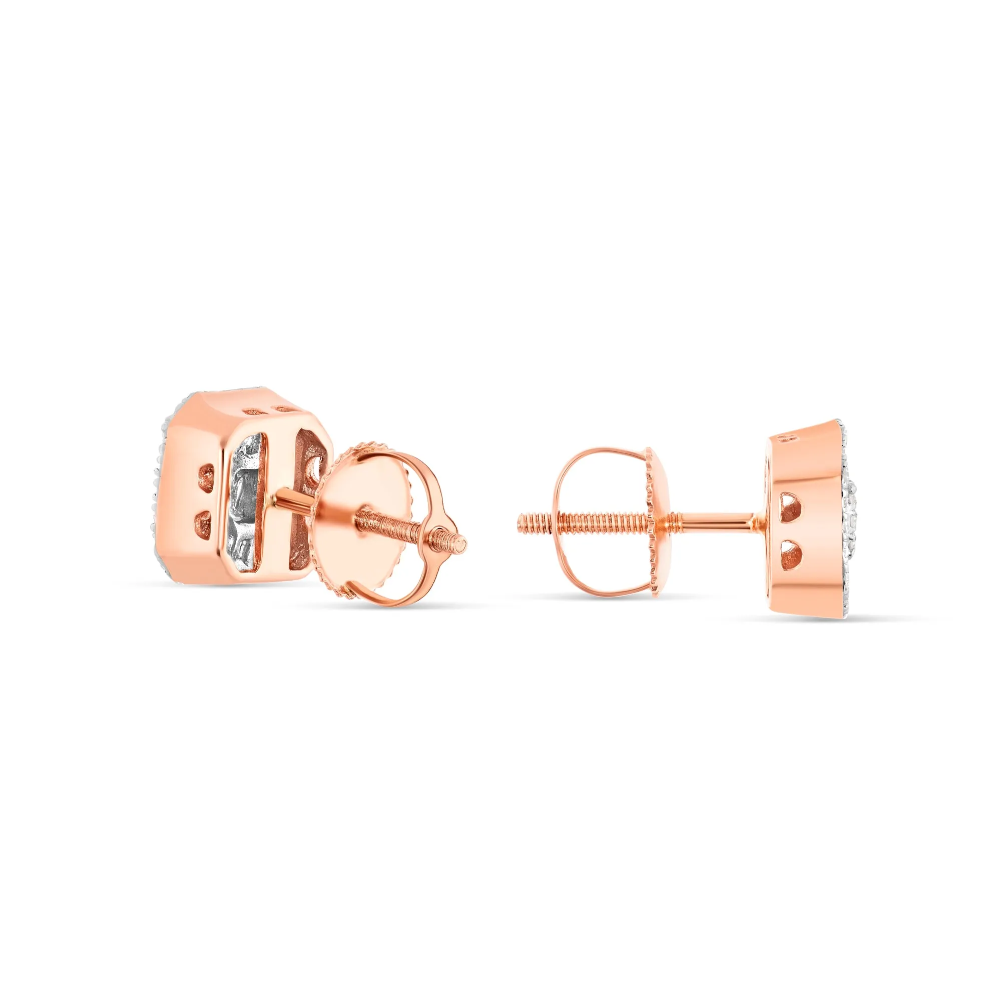 14K Rose Gold Baguette and Round Diamond Halo Stud Earrings