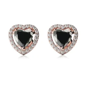 14k Rose Gold Plated 1 Ct Created Halo Heart Black Sapphire Stud Earrings