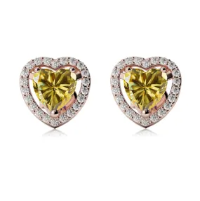 14k Rose Gold Plated 1 Ct Created Halo Heart Yellow Sapphire Stud Earrings