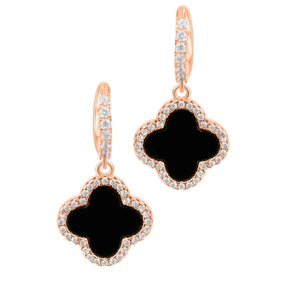 14k Rose Gold Plated Crystal Halo Black Clover Dangle Huggie Earrings