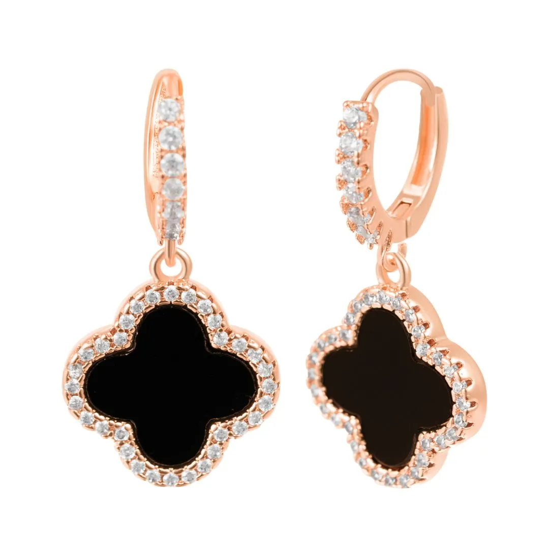 14k Rose Gold Plated Crystal Halo Black Clover Dangle Huggie Earrings