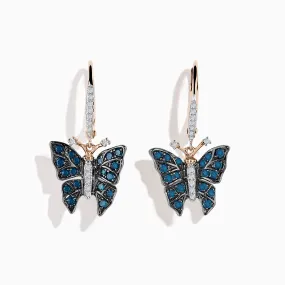 14K Rose Gold White and Blue Diamond Butterfly Earrings