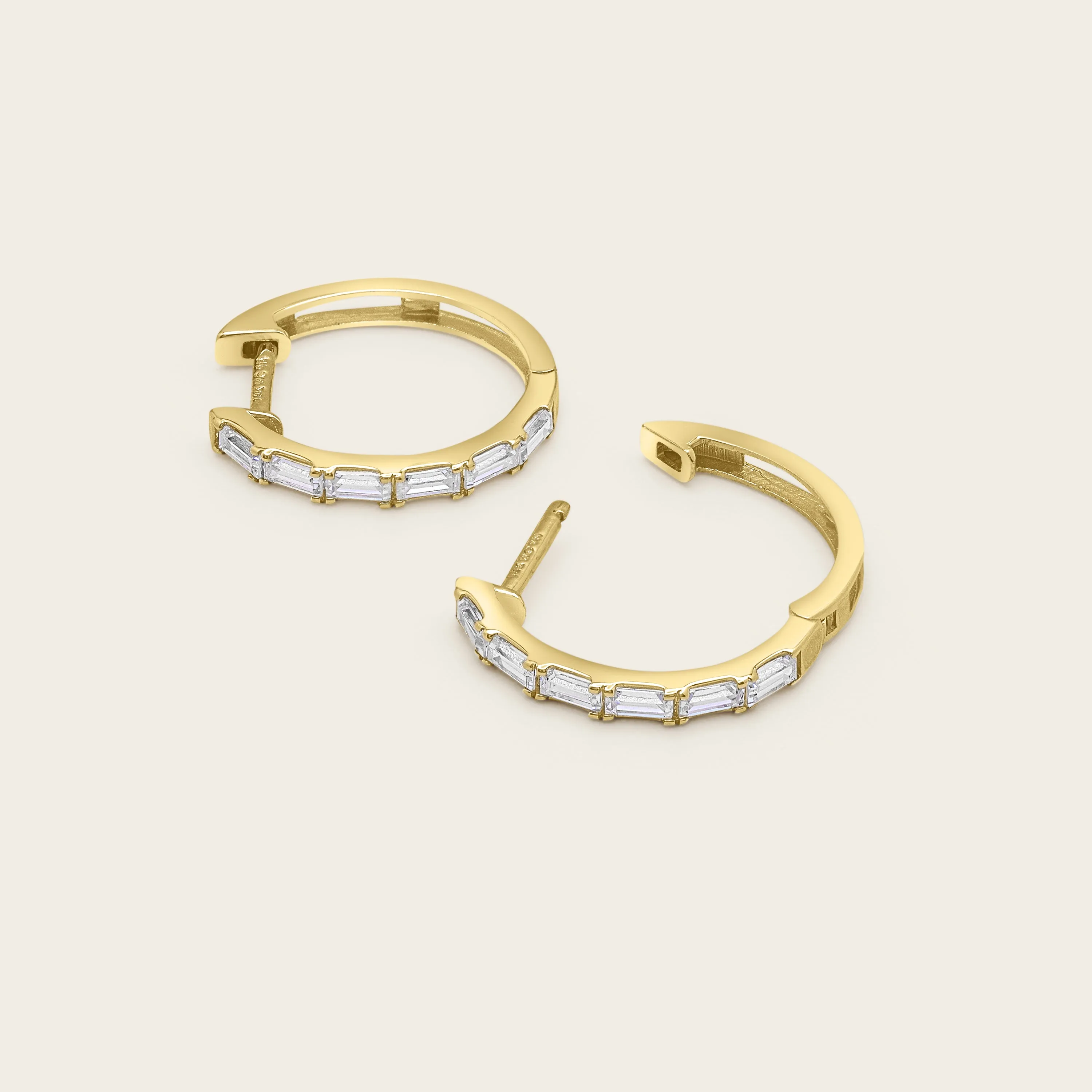 14k Solid Gold Diamond Baguette Huggie Earrings