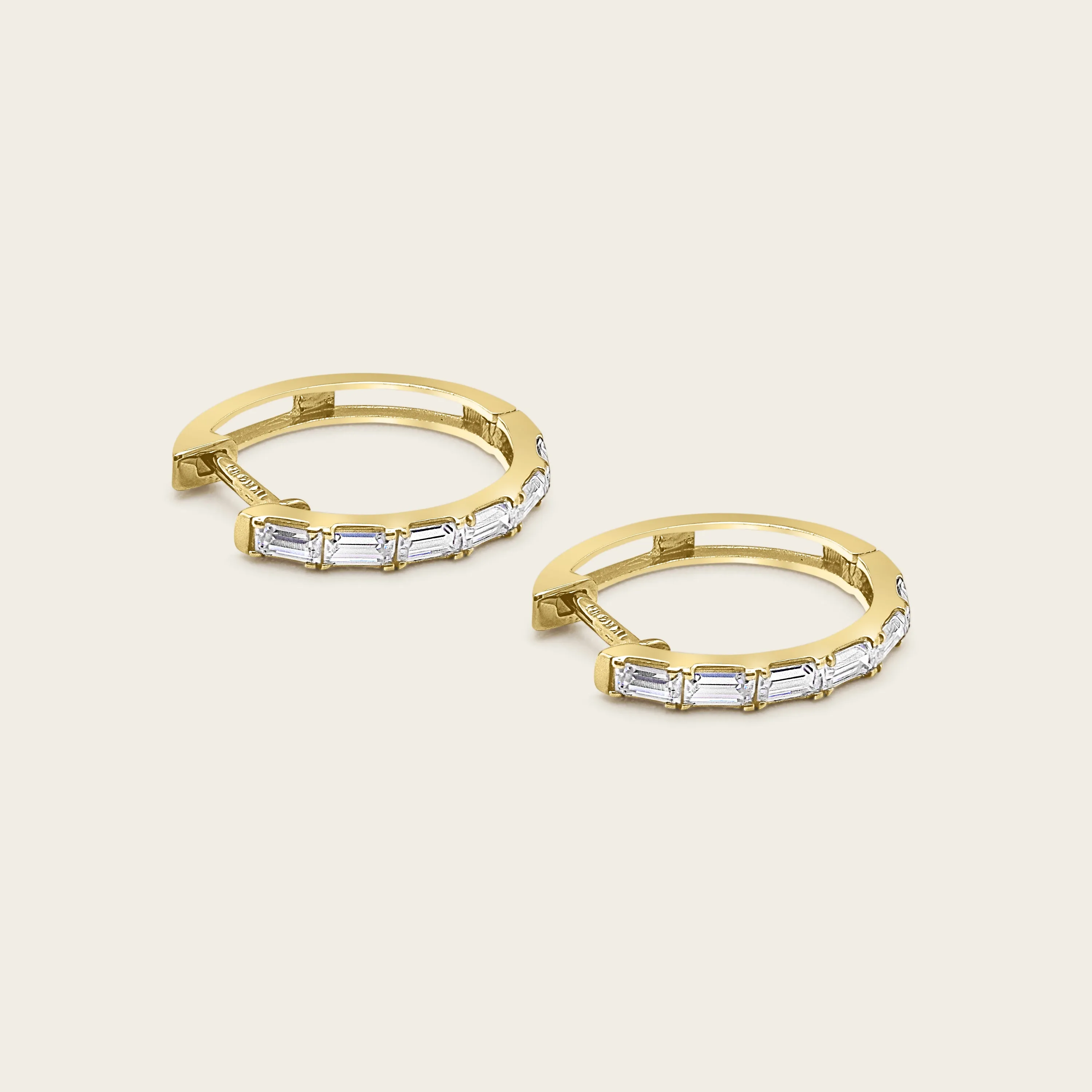 14k Solid Gold Diamond Baguette Huggie Earrings