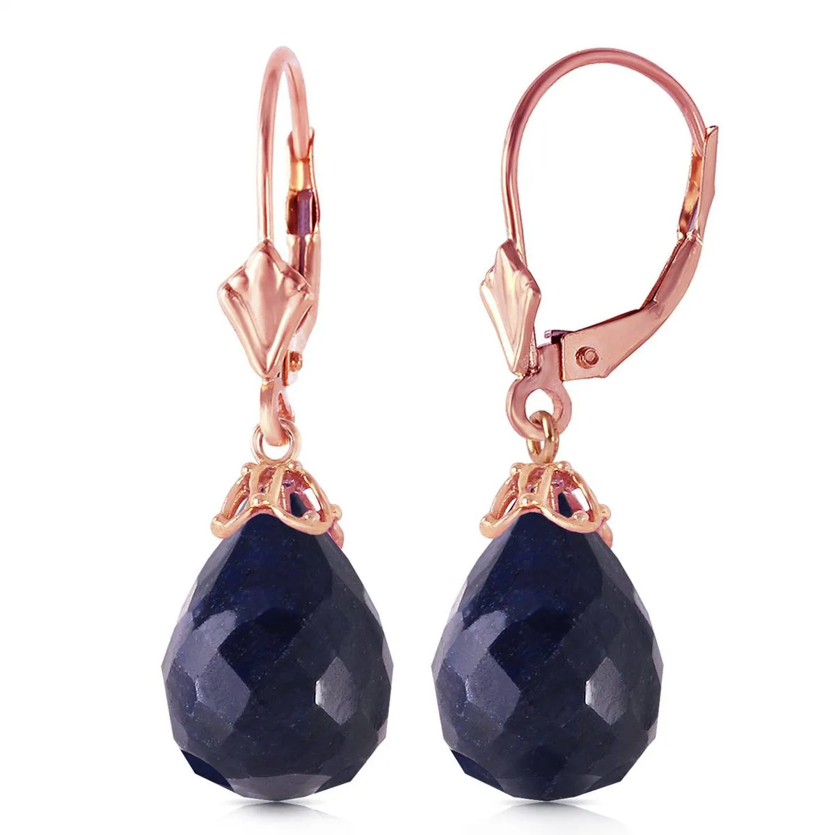 14K Solid Rose Gold Leverback Earrings Briolette Sapphire