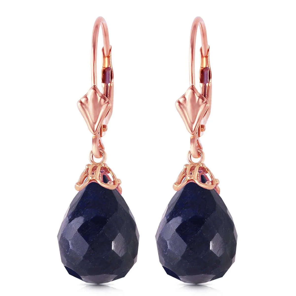 14K Solid Rose Gold Leverback Earrings Briolette Sapphire